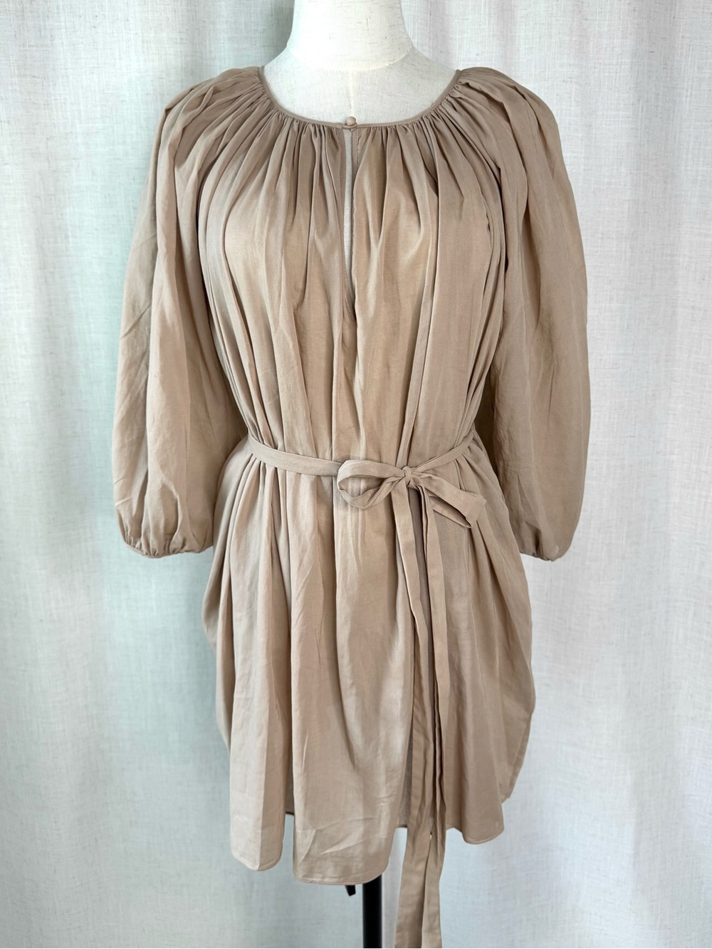 Marysia Resort Gathered Puff Sleeve Belted Mini Dress Taupe Beige Size Small